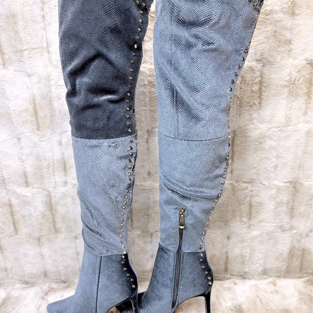 * So Me Blue Studded Thigh High Pointy Toe High Heel Boots - Picture 3 of 11